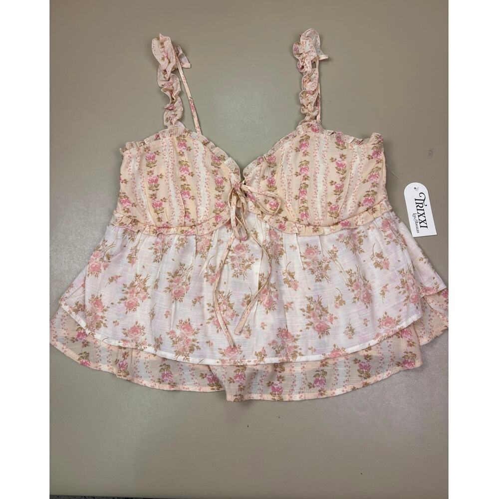 Trixxi Los Angeles Women’s XL Floral Ruffle Cami Top Pink Rose Cottagecore NWT